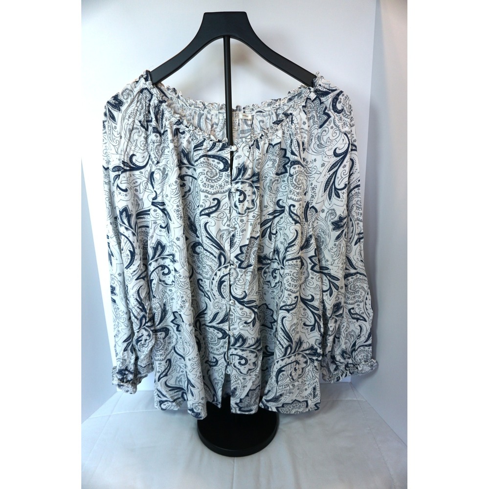 Spense Woman Navy White Paisley Peasant Blouse Long Sleeve 1X Viscose Boho